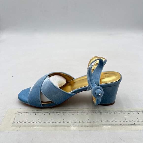 miss left Blue Velvet Open Toe Mid Heeled Sandals Crossed Strap Buckles Shoes - Picture 1 of 7